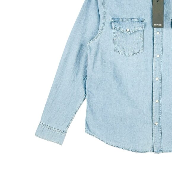 TRUE RELIGION Men's Chambray Long Sleeve Blue Western Pearl Snap Shirt Sz XL NWT - Picture 7 of 14